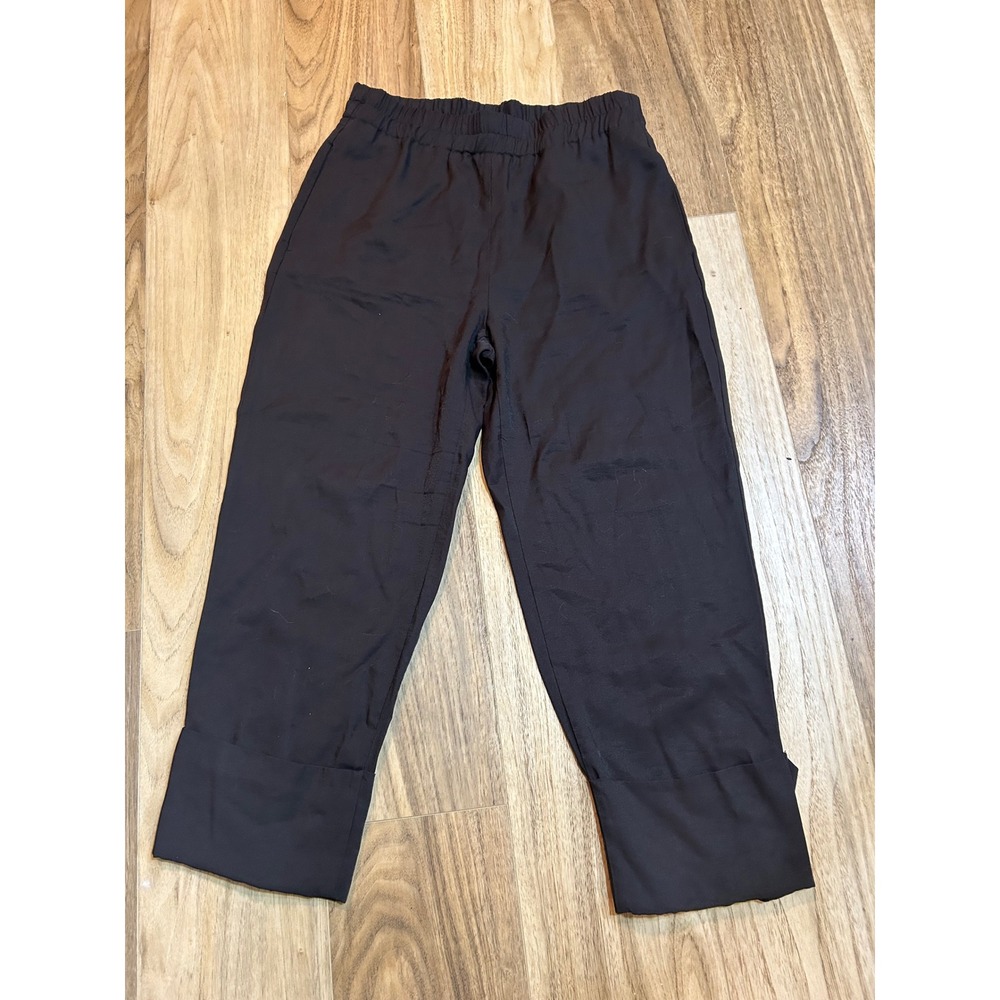 Zara Black Cropped Elastic Waist Pants Wide Cuff Viscose Blend Large